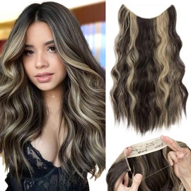 TESS Flip in Extensions 60 cm, Dark Brown with Ash Blonde Balayage Secrets Hair Extensions Wavy 150 g with 4 Clips Extensions with Band Synthetic Hair Extensions with Elastic Band