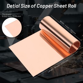 99.99% Pure Copper Foil for Crafts, 0.002''x4''x79''(0.05MM x 0.1M x 2M) Bendable Soft Copper Sheet, Thin Copper Sheet Sealed Package