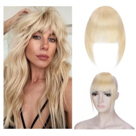 S-noilite Clip In Fringe Real Human Hair French Bangs Hair Hairpiece Clip on Curved Bangs with Temples for Women 14g (#613 Bleach Blonde)