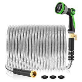 Metal Garden Hose 200Ft Stainless Steel Water Hose Heavy Duty with 10 Way Nozzle-Flexible Lightweight Durable No Kink & Tangle，Strong 3/4’’ Solid Metal Fitting Shut-Off Valve for Outdoor Yard