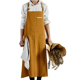 Adjustable Japan Nordic Style Soft Cotton Linen Apron with Four Pockets A Towel (Amber yellow)