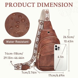 Kasqo Sling Bag for Women,Vegan Leather Small Crossbody Bag Fanny Packs with Guitar Strap Shoulder Chest Bag Belt Bag Brown