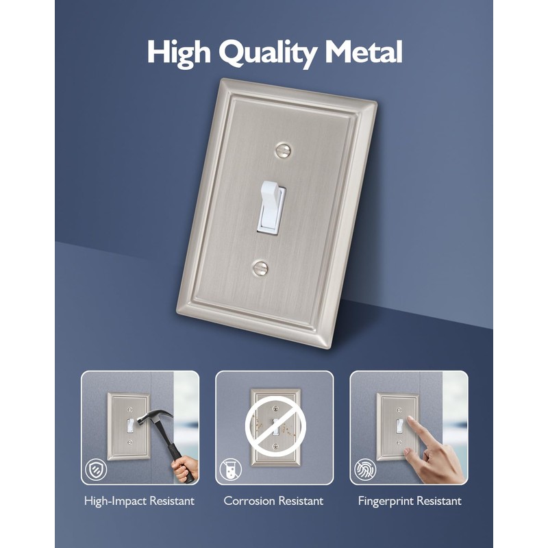 ZILLSEA 4-Pack Brushed Nickel Light Switch Covers, Durable Metal Toggle