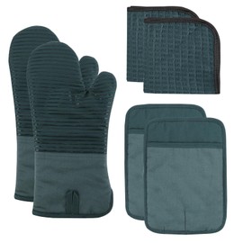 COOK WITH COLOR Silicone Oven Mitts- Heat Resistant Gloves with Soft Quilted Lining Oven Mitt Pot Holders for Cooking and BBQ, Teal, Material Mitt Set