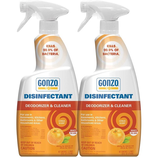 Gonzo Disinfectant Spray & Multipurpose Cleaner - 24 Ounce (2 Pack) Citrus - Odor Eliminator, Disinfectant, Flood Fire Water Damage Restoration