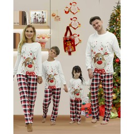 Linnhoy Christmas Pajamas Family Set,Matching Christmas Family Pajamas,Xmas PJ's White Elk Red Plaid Family Christmas Pajamas