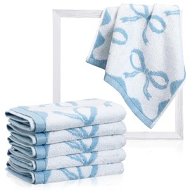 Coume 6 Pcs Blue Bow Washcloths 100% Cotton Wash Cloths 13" x 13" Coquette Small Face Towels Absorbent Soft Preppy Wash Cloths & Hand Bath Towels for Bathroom, Spa, Kitchen Drying Cleaning