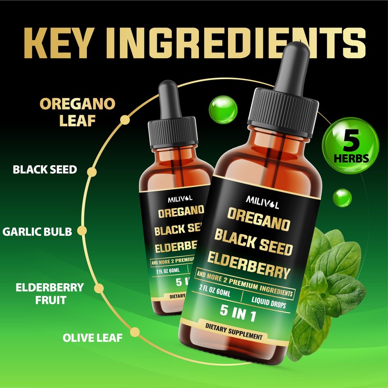 MILIVOL 5in1 Oregano Oil Liquid Drops with Black Seed, Elderberry,