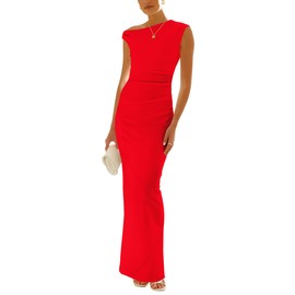 Women's Sexy Ruched Bodycon Maxi Dresses Elegant One Shoulder Sleeveless Formal Wedding Guest Cocktail Party Dress Red XL