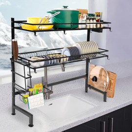 YIYIBYUS 2-Tier Over Sink Dish Drying Rack,Dish Drying Rack Over-The-Sink Space-Saving Retractable