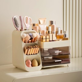 HBlife Makeup Organizer with Brush Holder for Vanity, Large Plastic Bathroom Countertop Organizer Skin Care Storage, Easy to Store Lipsticks, Nail Polishes, Perfumes, Eyeshadow Palettes, Beige