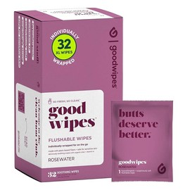 Goodwipes Flushable Wipes – Made with Vitamin E & Aloe – Soft, Individually Wrapped Butt & Feminine Cloths for On-the-Go & Travel Use – Largest Adult Toilet Towelettes – Rosewater, 1 pack, 32 count - Scent: Rose, Size: 32 Count (Pack of 1)