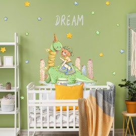 2 Sheets Dinosaur Wall Stickers for Girls Room Cute Girl Green Dino Cactus Wall Decals Peel and Stick Murals for Kids Bedroom Nursery Decor (Green Dinosaur)