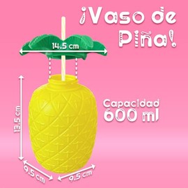 6 Vasos de Piña de Plástico para Pool Party, 600 ml, Incluye Popote y Tapa Para Fiestas Eventos y Playa GRUPO CARNAVALLIA
