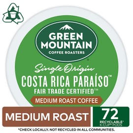 Green Mountain Coffee Roasters Costa Rica Paraiso, Single-Serve Keurig K-Cup Pods, Medium Roast Coffee, 72 Count