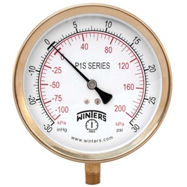 Winters P1S 100 Series Aluminum Dual Scale Pressure Gauge, 30" Hg Vacuum-0-30 psi/kpa, 4-1/2" Dial Display, +/-1% Accuracy, 1/4" NPT Bottom Mount