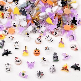 Halloween Nail Parts, Set of 100, Cute 3D Bat Ghost, Pumpkin, Halloween Parts, Spider Web Ghost, Clear Nail Parts, Stone, Decorative Parts, Handmade Resin Included, Random Shape (Multicolored B)