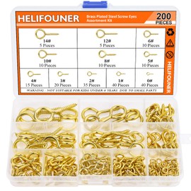 HELIFOUNER 200 Pieces 11 Sizes Brass Plated Steel Screw Eyes Assortment Kit