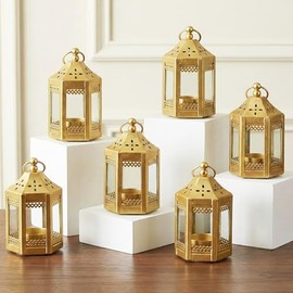 Vela Lanterns Mini farolillos marroquíes de Metal pequeños de 4,5 Pulgadas, portavelas Decorativo para centros de Mesa, decoración del hogar, Bodas, Dorado, Juego de 6