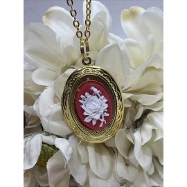FANCY FOX BOUTIQUE Red White Gothic Vintage DARK ROSE Cameo Locket Pendant Necklace Woman Gold