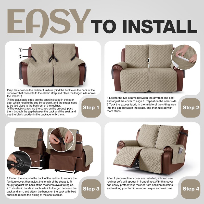 KinCam Waterproof Loveseat Recliner Cover, Non-Slip Reclining Couch Covers for