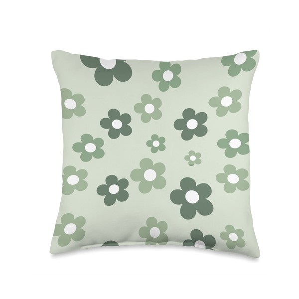 Retro Aesthetic Sage Green Daisy Floral Pattern Throw Pillow