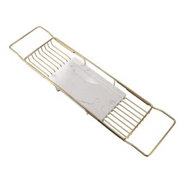 Marhynchus Metal Marble Bathtub Rack, Bathtub Caddy Tray Stainless Steel Shower Caddy Tray with Extending Sides, Bathroom Trays (Gold White)