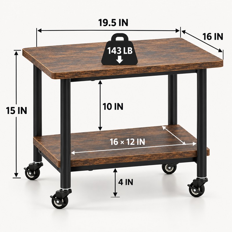 2 Tier Rolling Under Desk Printer Stand, 19.5 Inch Rustic