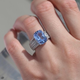 DoubleAccent Sterling Silver Ring Radiant 5 carat Simulated Aquamarine CZ Stone Cocktail Ring 13MM (Size 5 to 10), 5