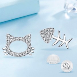 BerriBling Katzen & Fischgräten Ohrringe Damen 925 Sterling Silber (Nickelfrei) Asymmetrische Ohrstecker für Frauen Mädchen Tierliebhaber Kreatives Schmuck Geschenk