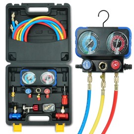 CALPOSE R1234yf AC Gauge, 3 Way AC Manifold Gauge Set for R1234yf Refrigerant, Refrigerant Gauges with 5FT Hoses，R410a Adapter, Puncturing Can Tap, Anti-Collision Dials Provide More Accurate Reading