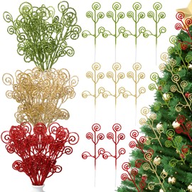 Lyrow 36 Pcs 11.8" Christmas Tree Picks Decoration Xmas Sequins Candy Shape Curly Picks Christmas Picks Sprays Glitter Christmas Floral Pick for Home Vase Filler Garland (Green, Champagne Gold, Red)