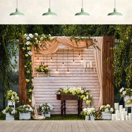 10x8ft Wedding Backdrop Green White Flowers Door Wood Board Outdoor Bridal Background Wedding Party Supplies Bride to Be Engagement Wall Decoration Photography Photo Studio Props