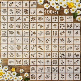 100 Pcs Stencils for Painting on Wood Reusable Stencil Crafts Drawing Templates Holiday Wall Paper for DIY Scrapbook Home 2 x 2 Inch(Flower, Plants)