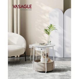 VASAGLE Side Table with Charging Station, Round End Table With Fabric Basket, Nightstand with Power Outlets USB Ports, for Living Room, Bedroom, Modern, Matte White and Camel Brown ULET228W01