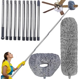 20+ Ft High Reach Ceiling Fan Duster &Microfiber Feather Brush Duster with 3-14 ft Spliceable Pole Microfiber Feather Duster for Spider Web, High Ceiling, Blinds, Furniture Cleaning Tool Kit
