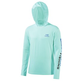 BASSDASH UPF 50+ Men’s UV Sun Protection Long Sleeve Performance Fishing Hoodie Hooded Shirts (Seafoam/Vivid Blue Logo, 4X-Large)