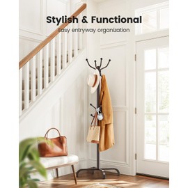 Pipishell Coat Rack with 14 Hooks, Freestanding Coat Rack Stand for Entryway, Hallway, Bedroom, and Office, Metal Coat Tree & Hat Rack for Coats, Hats, and Bags, Brown