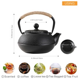 Auxmeware - Cast Iron Teapot With Infuser For Loose Leaf Tea And Teabags, Tea Kettle Stove Top Safe, Teapot 600ml/20oz