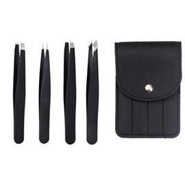 4-Piece Eyebrow Tweezers Set - Professional Stainless Steel Oblique Pointed Hair Tweezers Set, Beauty Tools (Button Leather case Packaging)