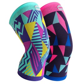 Domaste Sport Knee Brace for Women & Men - Knee Compression Sleeve for Running Knee Pain, Workout Sports Brace for dancing, Basketball, Fitness, Hiking (Geometric ＆ Wave, M, 2 Pack)