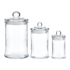 KMWARES 3PCs Set Small Mini Clear Glass Premium Quality Apothecary Jars/Bathroom Storage/Vanity Organizer Canisters for Cotton Balls/Swabs, Makeup Sponges, Bath Salts, Q-Tips (3Jar)