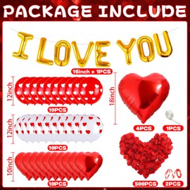 Valentines Day I Love You Balloons Set - Romantic Valentine's Day Decorations for Her Him - Red Love Heart Balloons with Red Rose Petals, i love you Banner Kit, Valentines Day Proposal for Men Women