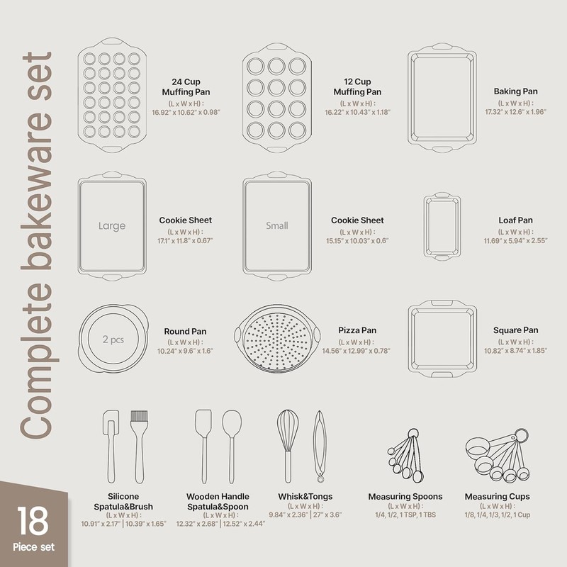 BAKKENMASTER 18-Piece Kitchen Oven Baking Set: Nonstick Gray Marble Coating,