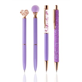 PENTA ANGEL Ballpoint Pens Set 4Pcs Black Ink Metal Glitter Roller Ball Pen Fancy Girly Gift Pens for Women Wedding Office (Purple)