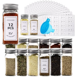 SXUDA Glass Spice Jars, 4oz Empty Square Spice Bottles with Shaker Lids and Airtight Metal Caps - 350 Spice Labels and Silicone Collapsible Funnel (40z-12Pack)
