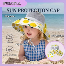 Summer Sun Hat for 3-8-Year-Old Girls - Bucket Fisherman Style, Mesh Design, Sun Protection(Yellow Fruits)
