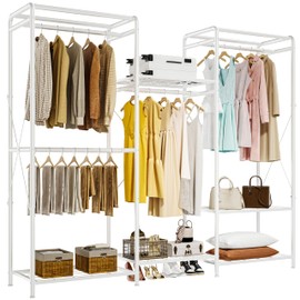 JOISCOPE Wardrobe Closet Organizer, Heavy Duty Clothes Rack, Closet System with 4 Closet Rods & 5 Closet Shelves, Adjustable Clothing Racks for Hanging Clothes & Clothing Storage, 75.2''×67.7'', White