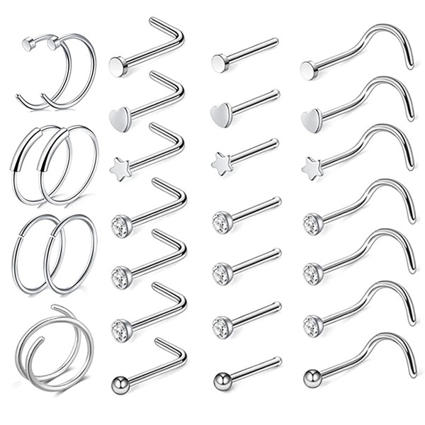 28 Pcs Nose Ring Hoop, Woffoly 20G Surgical Steel Nose
