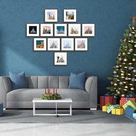 Golden State Art, 12x12 Aluminum Frame for 8x8 Photo Display - Metal Wall Mounting Square Photo Frame Collection with Ivory Color Mat and Real Glass (Black 12-Pack)